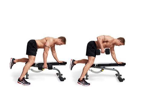 One Arm Dumbbell Row Instructions. Assume a standing position while holding a dumbbell in one hand with a neutral grip. Hinge forward until your torso is roughly parallel with the floor (or slightly above) and then begin the movement by driving the elbow behind the body while retracting the shoulder blade. Pull the dumbbell towards your body ...